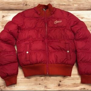 Guess Red Quilted Puffer Jacket with Ribbed Trim